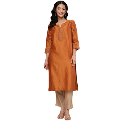 Fabindia WomenS Cotton Silk Embroidered Regular Fit Kurta (1039080Rust_Rust