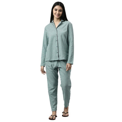 Enamor Essentials Relaxed Fit Cotton Flannel Woven Lazy Full Sleeve Shirt & Mid Rise Pant Set for Womens-EC20 (EC20_Soft Aqua Pl