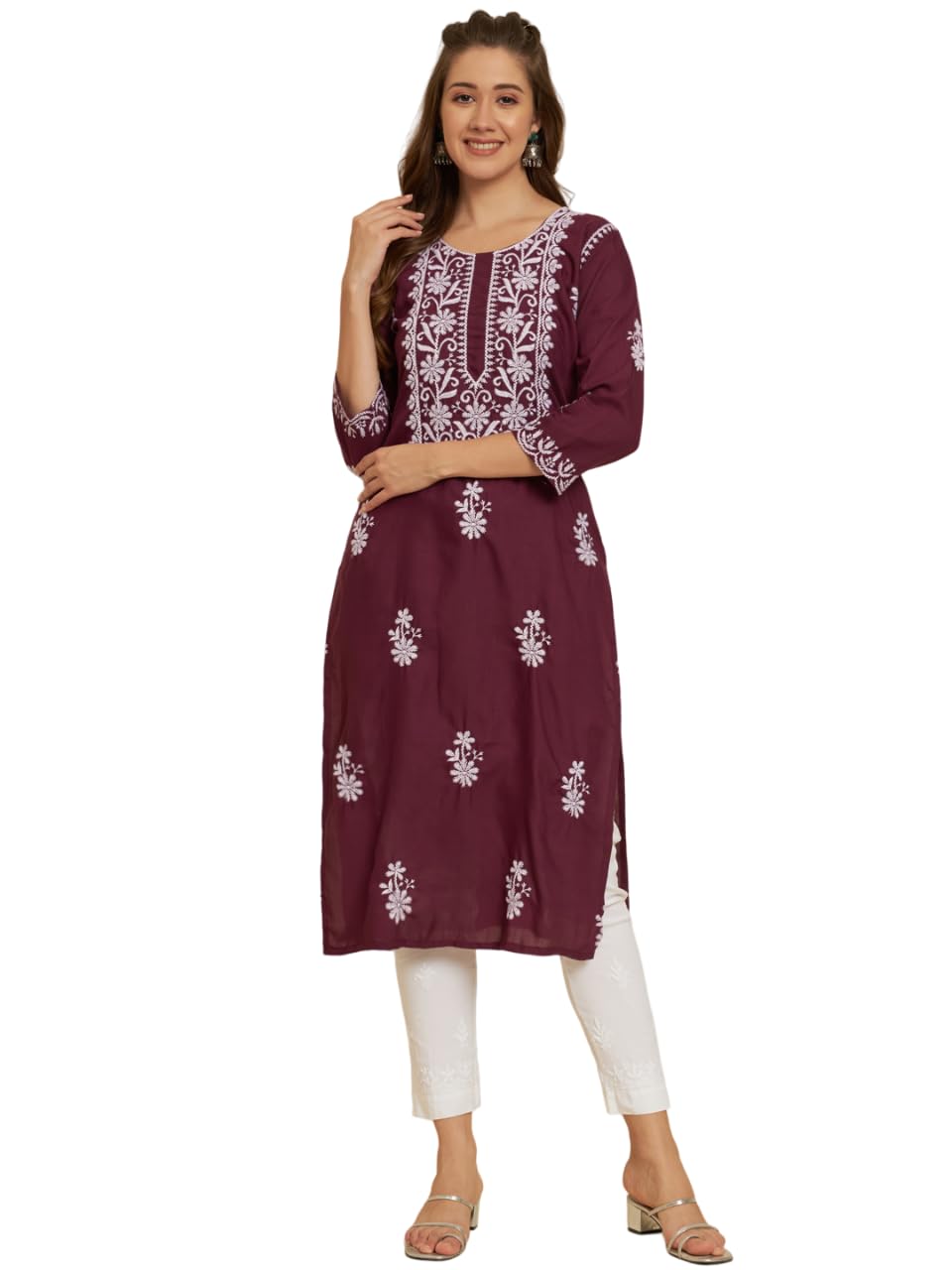Vairagee WomenS Soft Slub Cotton Straight Cut Round Neck Kurta With Beautiful Lucknowi Chickenkari Work (1571) Wine
