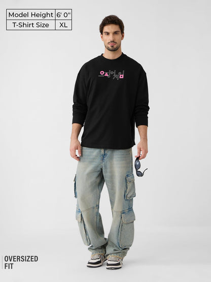 The Souled Store Squid Game: Players Men and Boys Round Neck Black Graphic Printed Cotton Oversized Full Sleeve T-Shirts