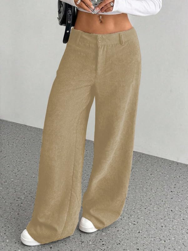 SMOWKLY Womens Aesthetic Cotton-Blend Wide Leg Pants with Pocket || Loose Comfy Elastic Waist Corduroy Textured Casual Work Tro