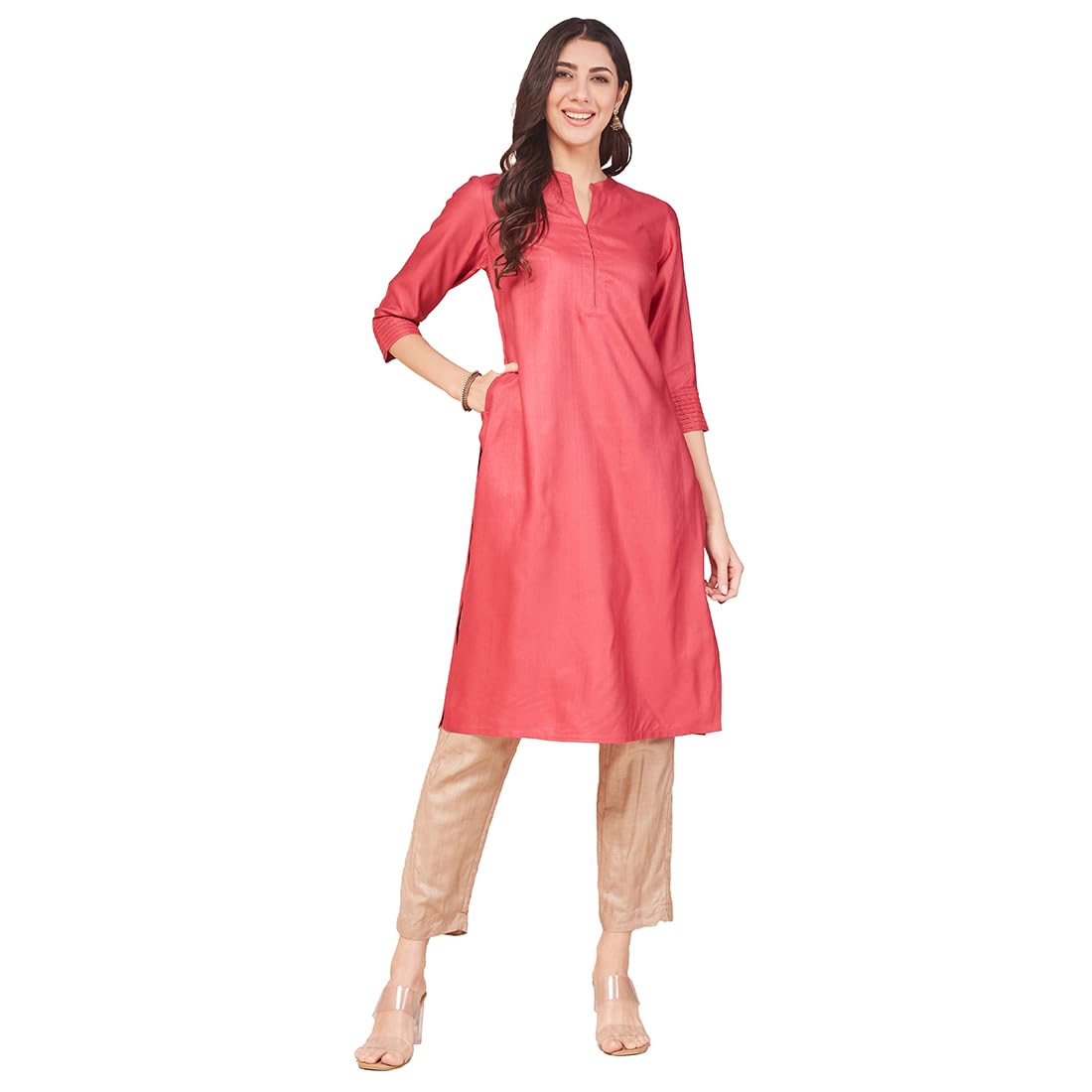 Fabindia WomenS Viscose Silk Solid Regular Kurta (1038026Fuchsia_Fuchsia