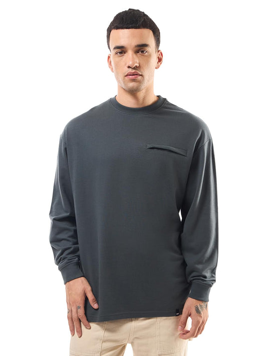 Bewakoof Heavy Duty 1.0 MenS Solid Super Loose Fit Full Sleeve Round Neck Terry T-Shirt_617039_Grey_Xl