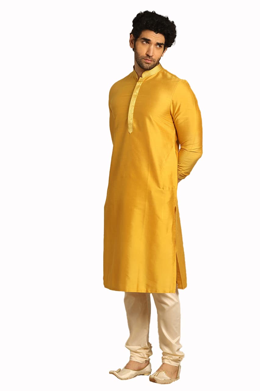 Manyavar Kurta Set for Men, Full Sleeves Mandarin Collar Ethnic Mens Kurta Set For Engagement, Wedding, Party Art Silk Solid (M