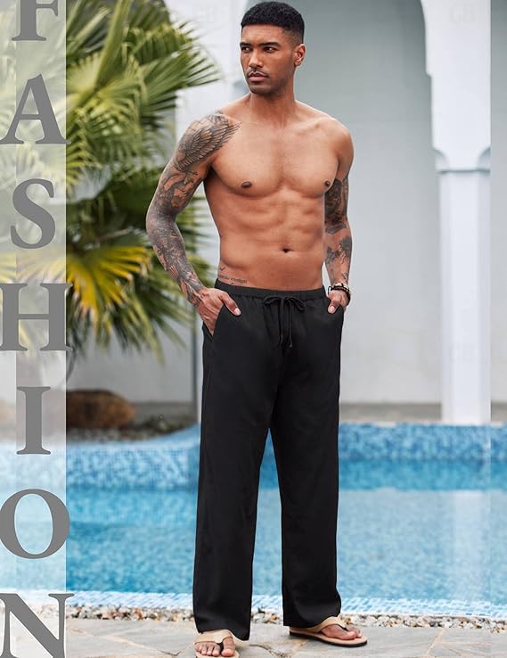 CB-COLEBROOK Mens Casual Linen Pants Elastic Waist Pants Drawstring Summer Beach Yoga Linen Trouser | Loose Fit Track Pants (in,