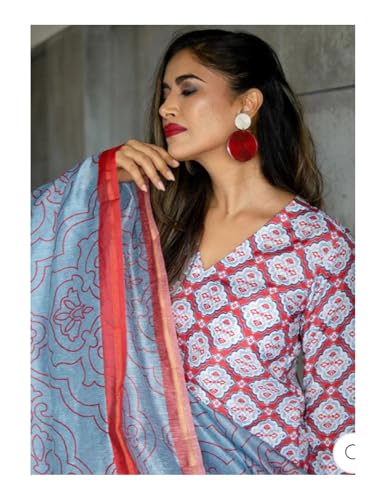 Yashika Women's Latest Printed Cotton Blend Straight Kurta Pant With Dupatta