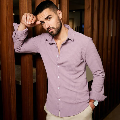 Campus Sutra Mens Lavender Stripe-Creased Shirt for Casual Wear | Spread Collar | Long Sleeves | Button Closure | Shirt Crafted