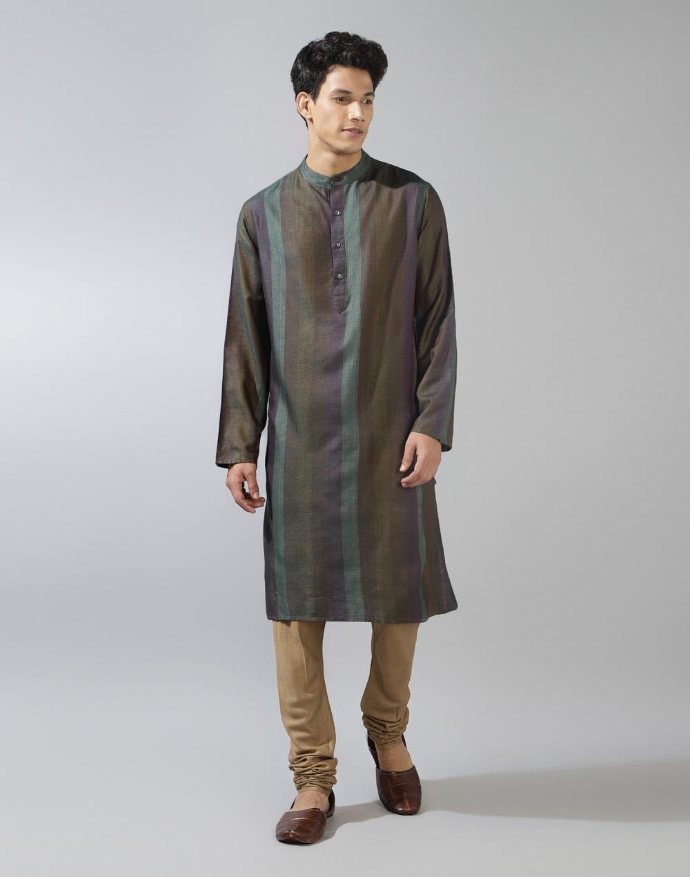 Fabindia Men's Viscose Blend Striped Relaxed Kurta (1033063GREEN_Green