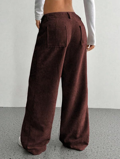 SMOWKLY Womens Aesthetic Cotton-Blend Wide Leg Pants with Pocket || Loose Comfy Elastic Waist Corduroy Textured Casual Work Tro