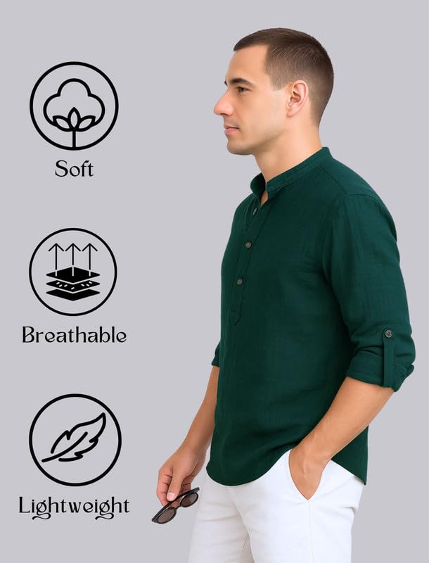 Deelmo MenS Cotton Blend Solid Regular Fit Full Sleeve Short Kurta | MenS Trendy Short Kurta Dark Green