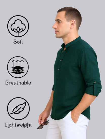 Deelmo MenS Cotton Blend Solid Regular Fit Full Sleeve Short Kurta | MenS Trendy Short Kurta Dark Green