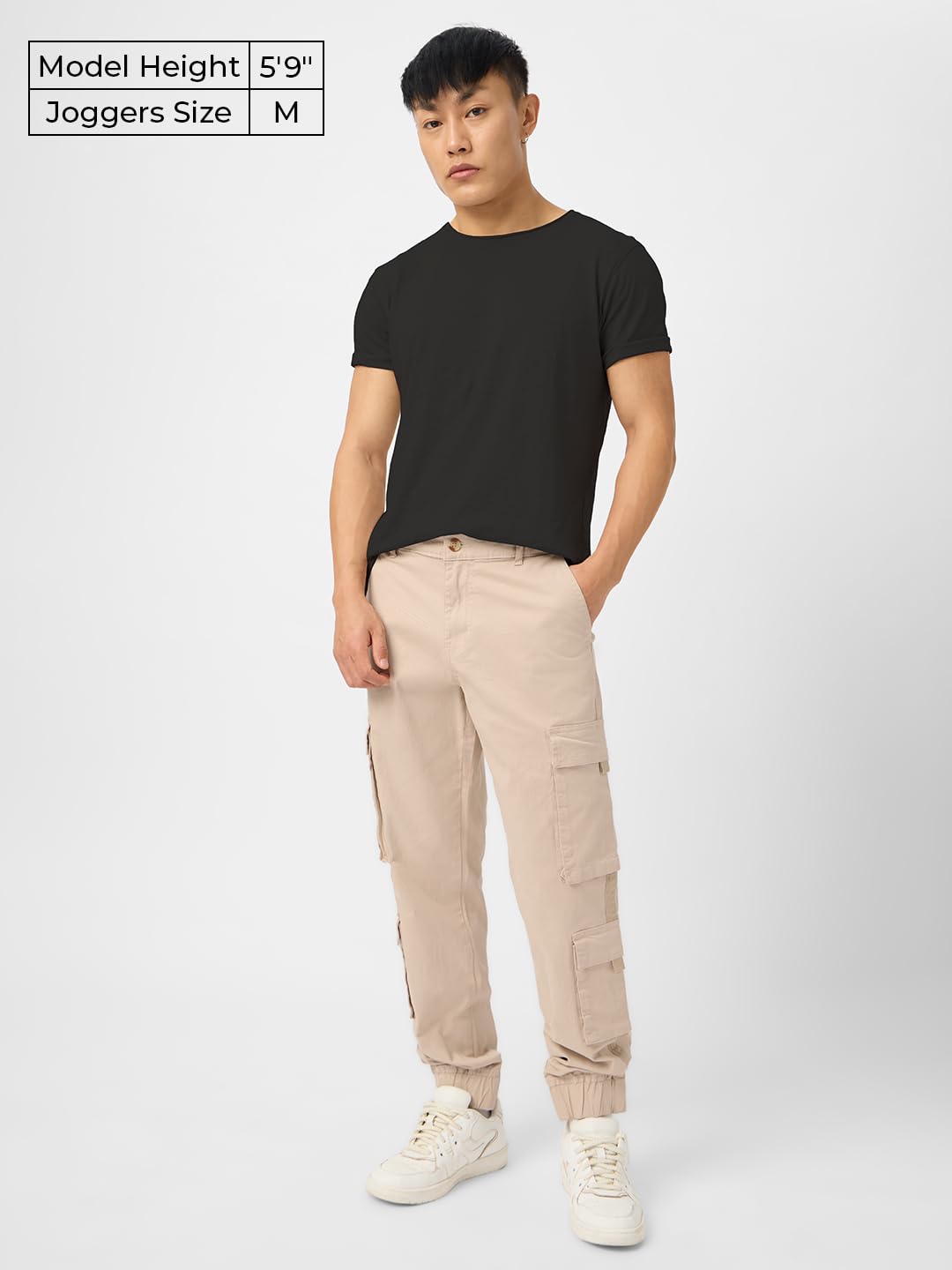 The Souled Store Solids: Champagne Beige Men and Boys Drawstring Oversized Fit Cotton Cargo Joggers