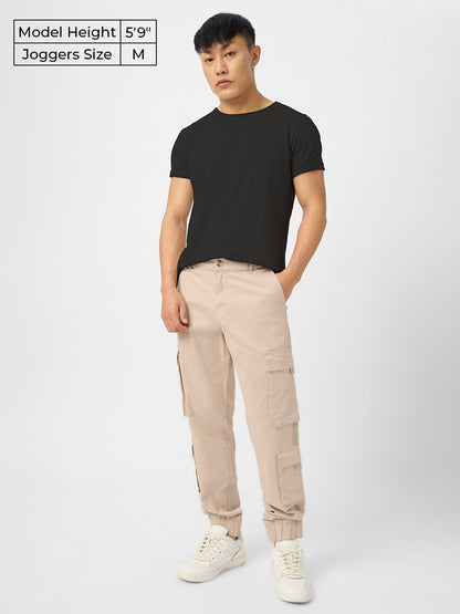 The Souled Store Solids: Champagne Beige Men and Boys Drawstring Oversized Fit Cotton Cargo Joggers