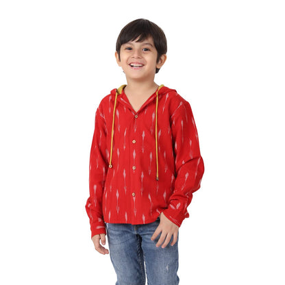 Fabindia Crew Neck Boy Red Cotton Ikat Woven Shirt (102707701