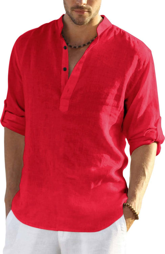 Hemrin MenS Cotton Blend Full Sleeve Short Kurta Shirt With Mandarin Collar Red