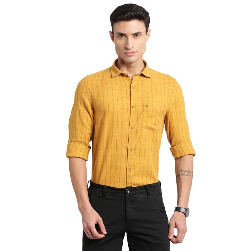 Turtle Men Cotton Lyocell Yellow Striped Slim Fit Full Sleeve Casual Shirt