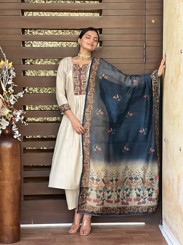 ANNI DESIGNER Women's Viscose Rayon Printed Kurta with Pants & Dupatta, Size 40, Cream, Model LADKI CREAM