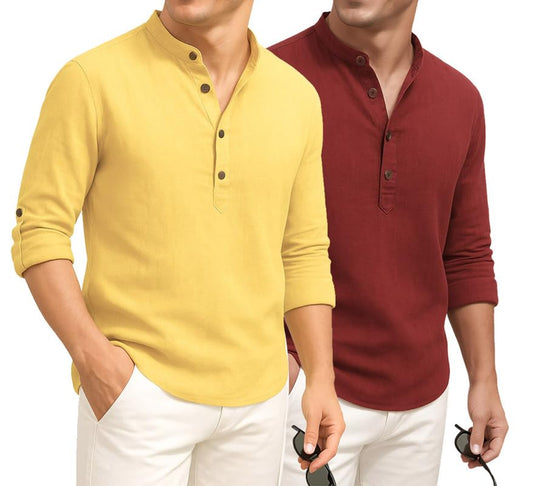 Deelmo Combo Of MenS Cotton Blend Solid Regular Fit Full Sleeve Short Kurta | MenS Trendy Short Kurta Pack Of 2 Yellow - Red