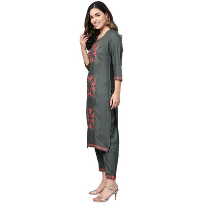 anubhutee Charcoal Grey Floral Embroidered Straight Kurta Suit Set with Pants for Women