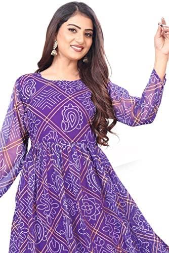 Anveri Textiles WomenS Georgette Fancy Bandhani Printed Gown Kurti With Round Neck 3/4 Sleeves Fit Flared Ankle Length | Maxi D