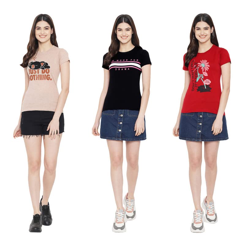 Preneum Womens Cotton Regular Fit Latest Graphic Stylish Printed Short Sleeves Casual T-Shirt || Trending & Styles (Pack 3), Br