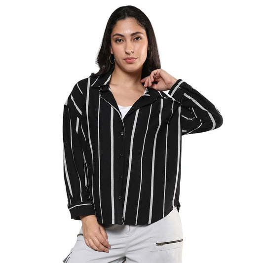 Campus Sutra Womens Midnight Black & Moon Grey Striped Boxy Shirt for Casual Wear | Spread Collar | Long Sleeve | Button Closur