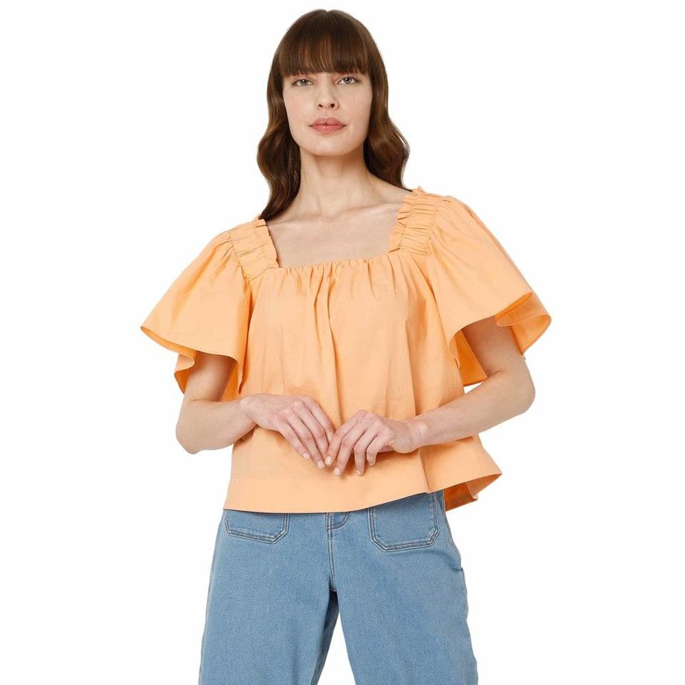 Vero Moda Solid Cotton Square Neck Womens Top (S22Vm10273575002, Orange, Small)