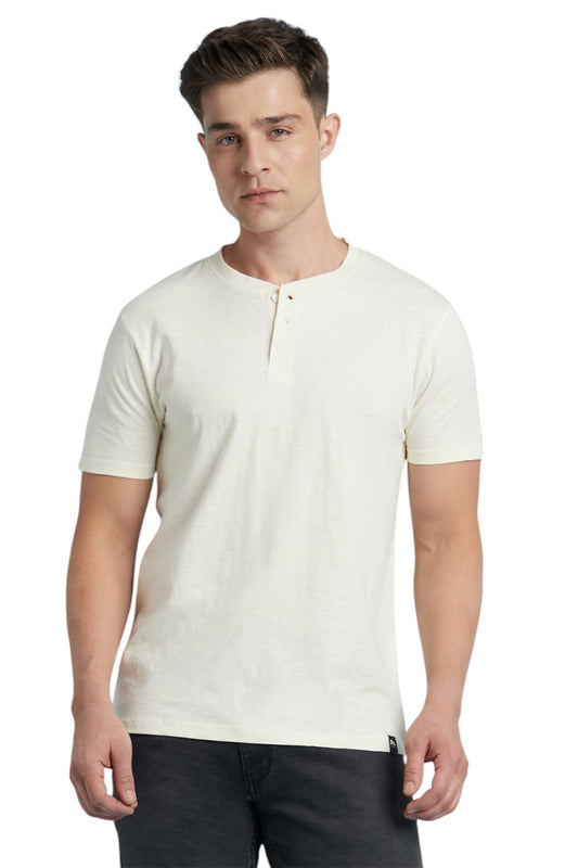 Dennis Lingo Men Cotton Slub Regular Fit Solid T-Shirts Off White