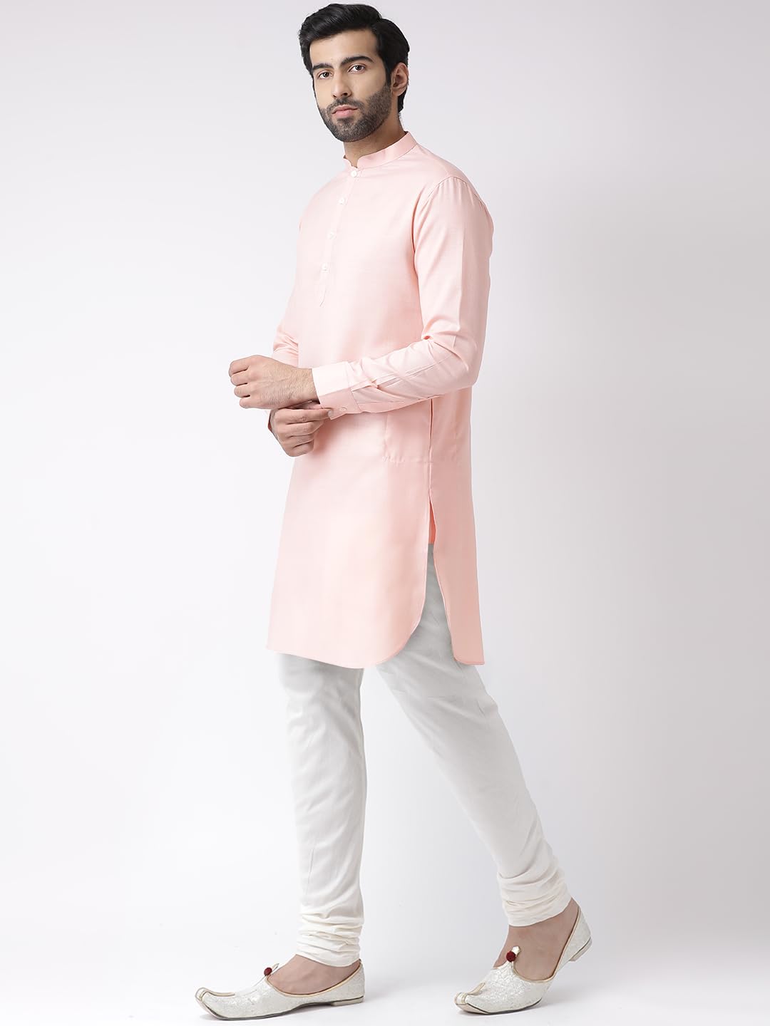 Kisah Men Light Pink Thread Work Kurta Full Sleaves, Knee Length, Straight, Regular Fit, Mandarin Collar Ethnic Wear