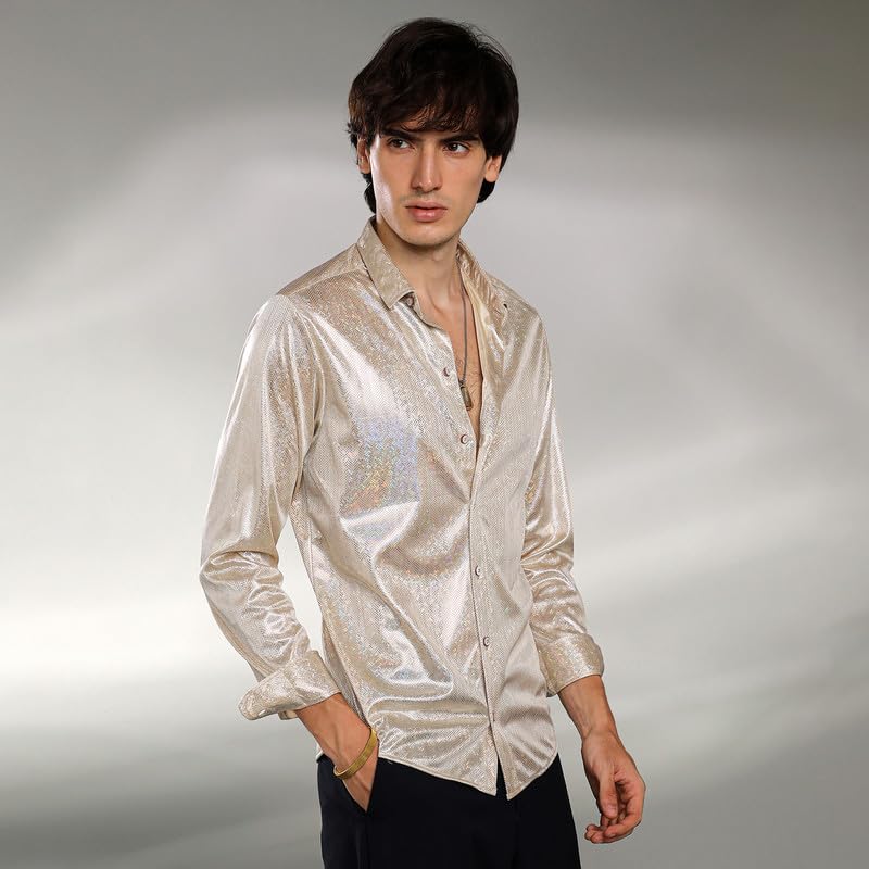 Campus Sutra Mens Metallic Beige Sheen Chevron Shirt | Casual Wear | Spread Collar | Long Sleeve | Button Closure | Shirt Craft