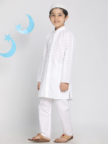 Vastramay Boys Cotton Kurta Pyjama Set With Lucknowi Chikankari Embroidery & Muslim Cap  Ethnic Wear For Holi & Eid