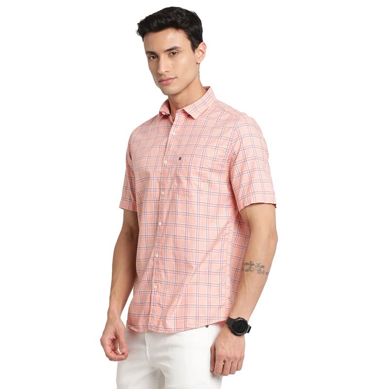 Turtle Men 100% Cotton Peach Checkered Slim Fit Full Sleeve Casual Shirt
