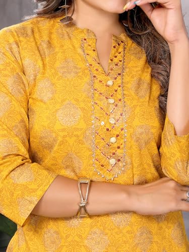 rangita Mustard Cotton Knee Length Embroidered Straight Kurti | Kurta for Women