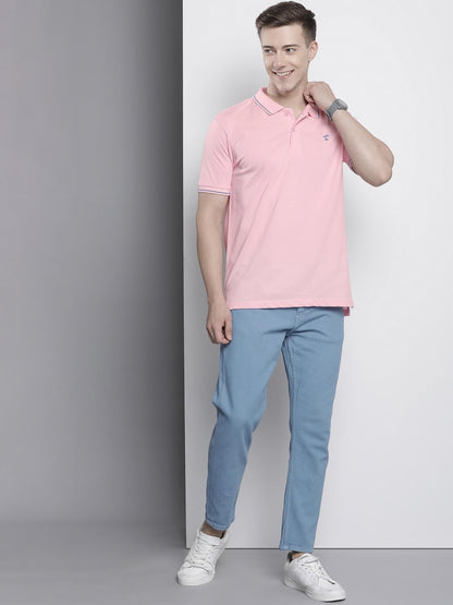 The Indian Garage Co Men Slim Fit Solid Polo Collar Tshirt Barely Pink