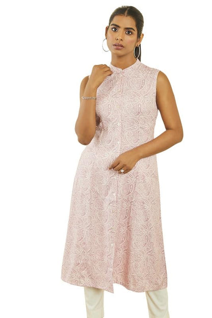 Soch Womens Pink Rayon Paisley Print A-Line Kurta With Front Button Placket