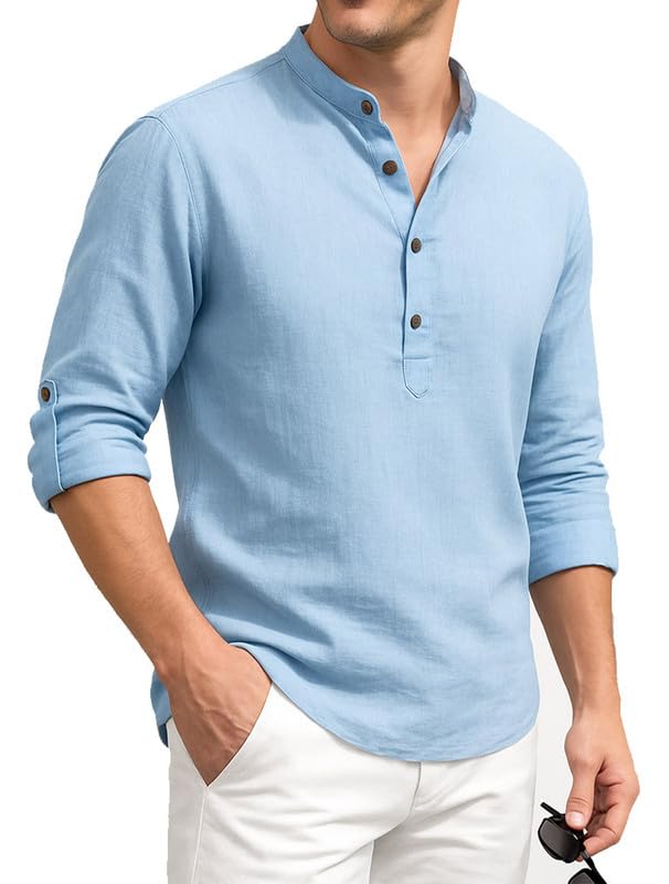 Deelmo MenS Cotton Blend Solid Regular Fit Full Sleeve Short Kurta | MenS Trendy Short Kurta Sky
