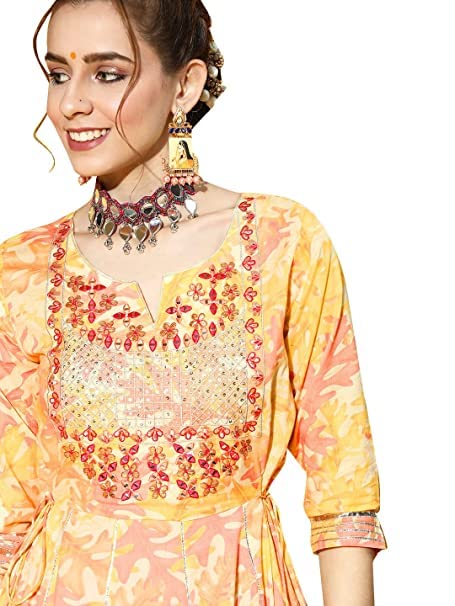 ishin Women's Cotton Anarkali Yellow Embroidered & Zari Work Kurti