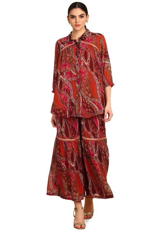 Soch Womens Fuchsia Floral Print Georgette Blend Co-Ord Set With Sequins