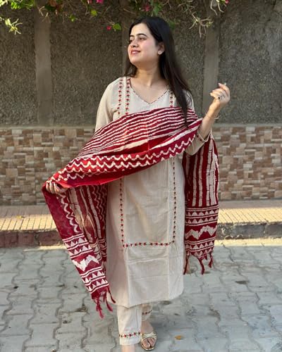 GoSriKi Womens Cotton Blend Straight Embroidered Kurta with Pant & Dupatta (DD Beige-NW-GS_L_Beige_Large)