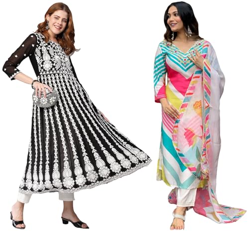 Anni Designer WomenS Cotton Blend Embroidered Straight Kurti Pant Dupatta Set Combo Pack Of 2 (Dhimi Pink & Kari Black_2106_Mul