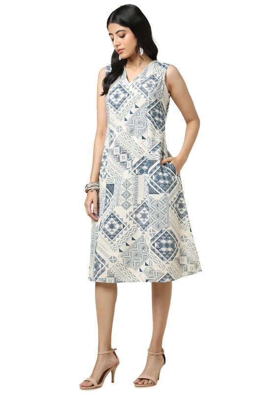 Soch Womens Beige Cotton Slub Geometric Print Dress