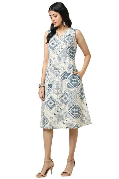 Soch Womens Beige Cotton Slub Geometric Print Dress