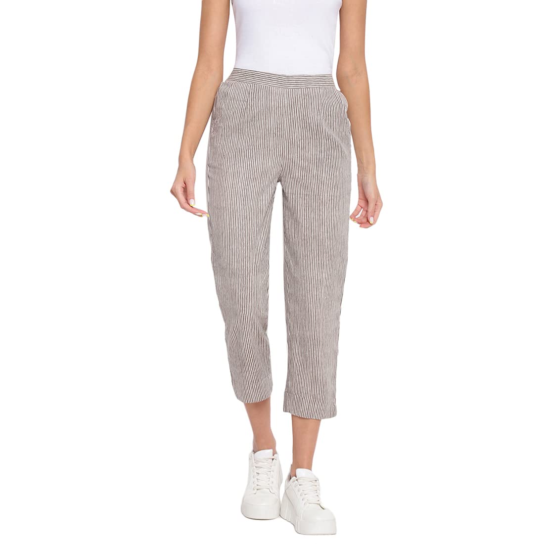 Fabindia Women Cotton Striped Dabu Casual Pant Grey_M