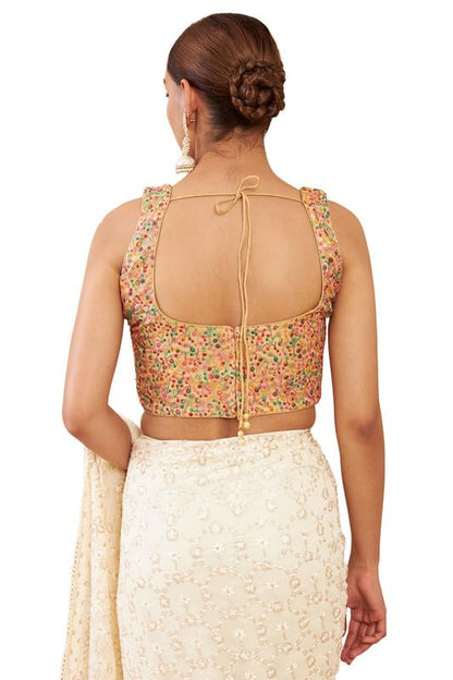 Soch Womens Beige Organza Sleeveless Blouse With Embroidery And Sequins