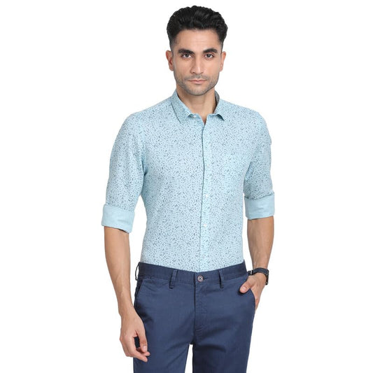 Turtle Men Cotton Linen Sky Blue Printed Slim Fit Full Sleeve Formal Shirt