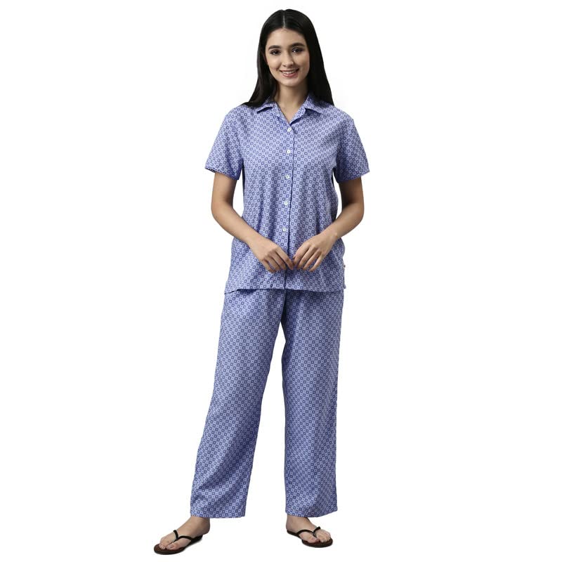 Enamor Essentials Relaxed Fit Modal Short Sleeve Printed Shirt & Mid Rise Pant Slounge Set for Womens-EC17 (EC17_Purple Geo AOP_