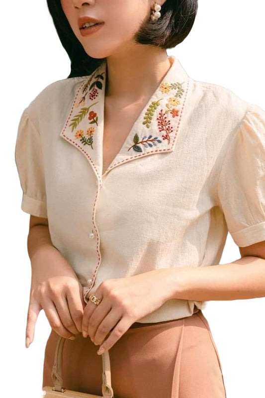 ANNI DESIGNER Women Rayon Viscose Regular Fit Tunics Tops Neck Embroidery Short Shirt (CHIDIYA Beige_L_Beige_Large)