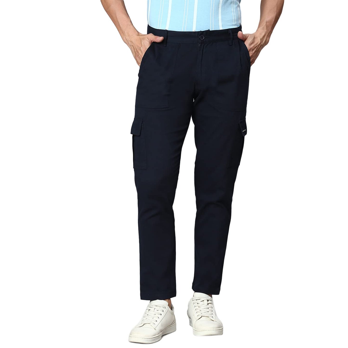 Hubberholme MenS Regular Fit Cotton Trousers With Patch Pockets, Ankle Length Button Closure Cargo Chinos Navy