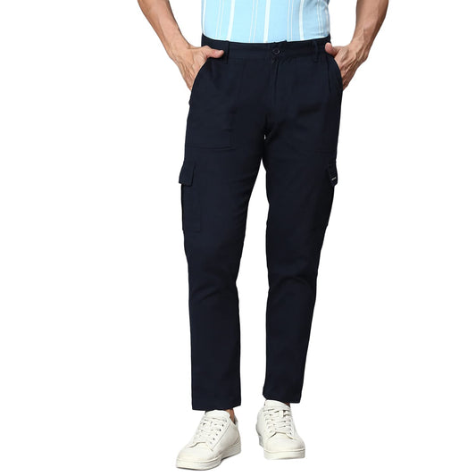 Hubberholme MenS Regular Fit Cotton Trousers With Patch Pockets, Ankle Length Button Closure Cargo Chinos Navy