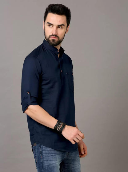 Deemoon MenS Cotton Blend Full Sleeve Short Kurta With Mandarin Collar Crafted From A Premium Cotton Blend Navy Blue